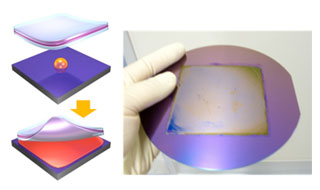 プッシュコート法の製膜プロセス（左）と製膜したポリマー半導体薄膜（右）