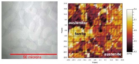 フェライト層とオーステナイト層が混合した金属表面の光学顕微鏡写真(左)とExpress Testを使用して測定した硬度の2次元分布イメージ(右)。視野は50μm×50μm。Express Testによって、高硬度（フェライト層）と低硬度（オーステナイト層）の分布が画像化できる。