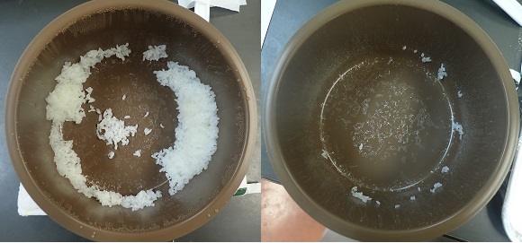 一般的なフッ素樹脂コーティング（左）とアドロンL-RN400加工済み炊飯釜（右）